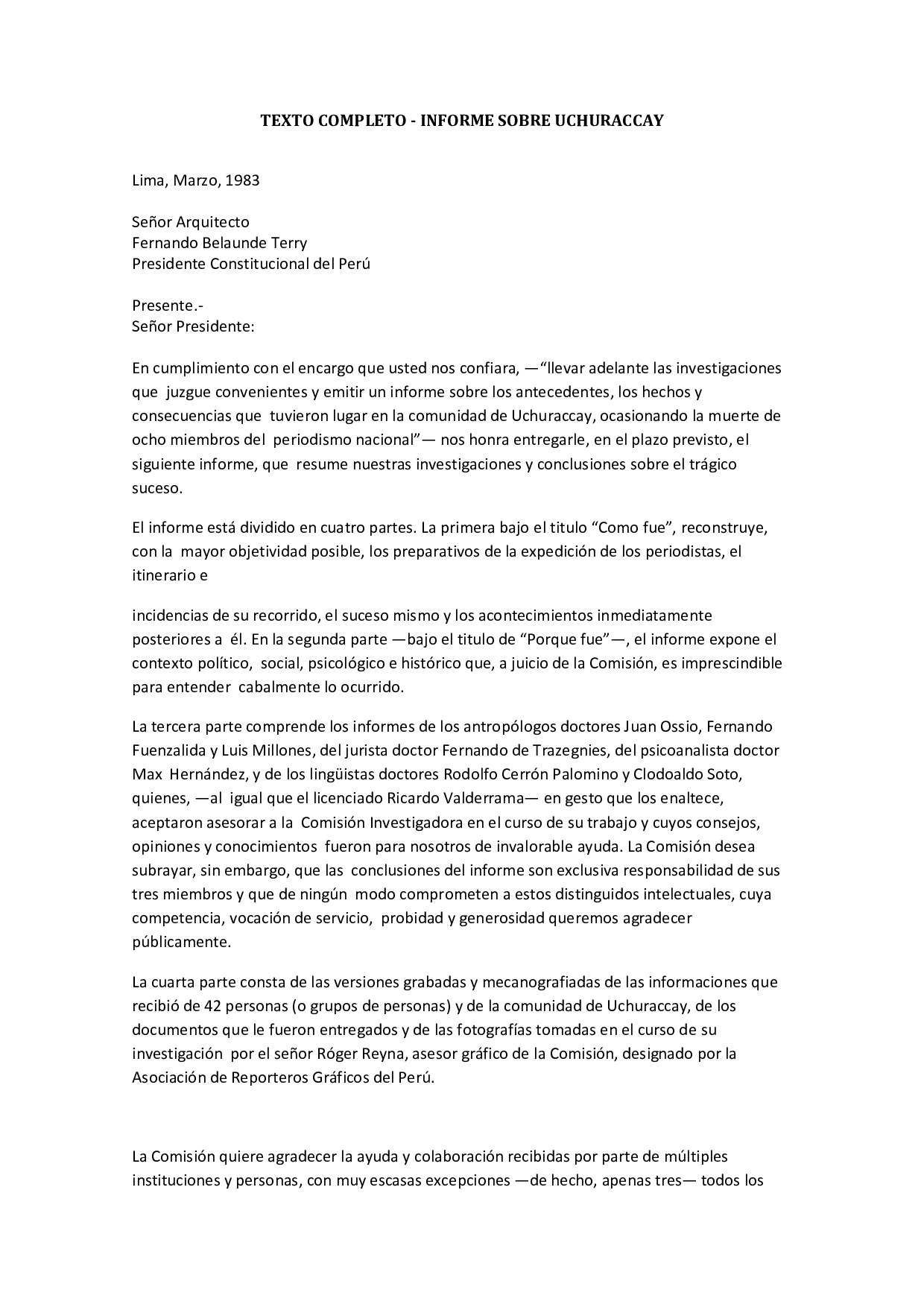 (Informe de la Comisión Investigadora de los sucesos de Uchuraccay) Mario Vargas Llosa, Abraham Guzmán Figueroa, Mario Castro Arenas - Informe de la Comisión Investigadora de los sucesos de Uchuraccay