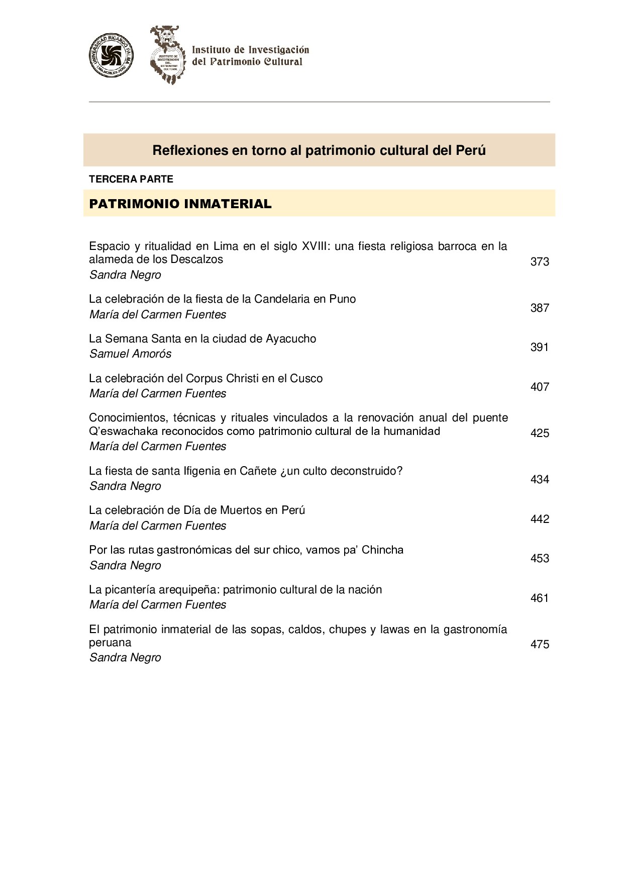 Sandra Negro_ María del C Fuentes_ Samuel Amorós - Reflexiones en torno al patrimonio cultural del Perú. Patrimonio inmaterial. 3-Universidad Ricardo Palma (URP)_ Instituto de Investigación del Patrim