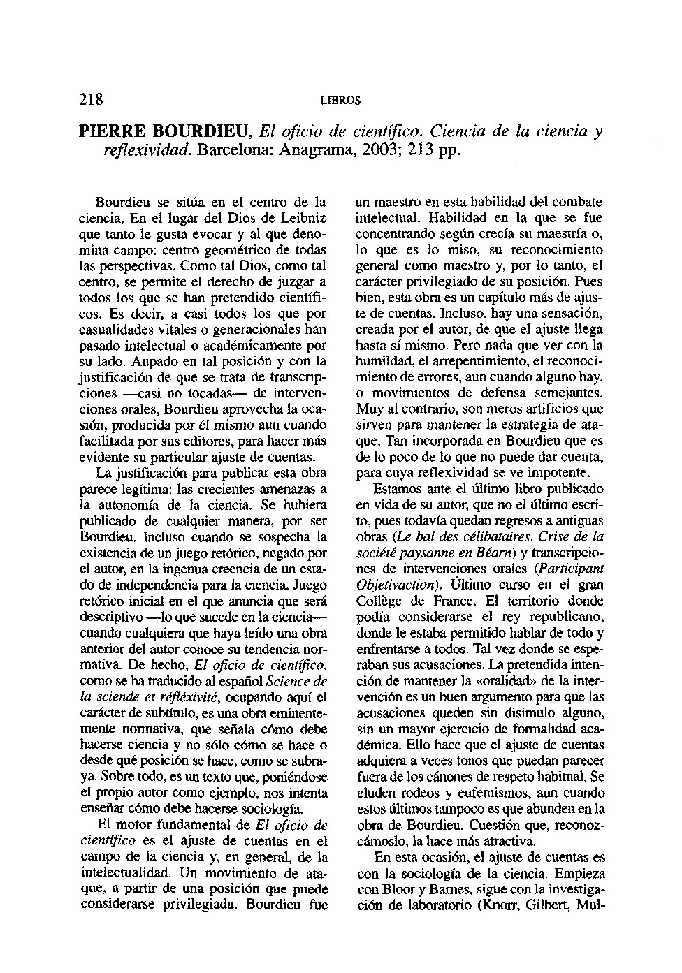 Fierre BOURDIEU, El oficio de científico. Ciencia de la ciencia y reflexividad