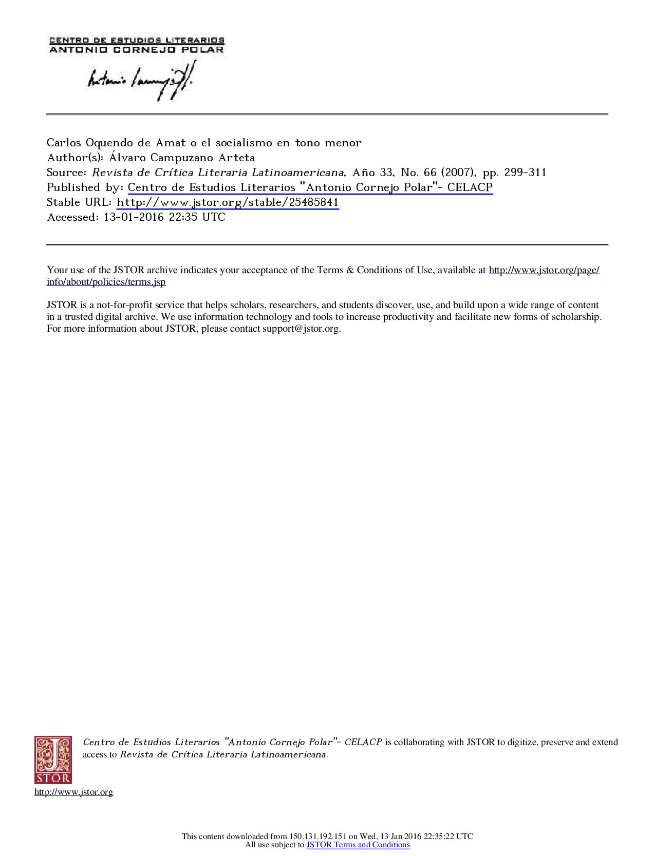 [Revista de Crítica Literaria Latinoamericana vol. 33 iss. 66] Carlos Oquendo de Amat o el socialismo en tono menor{Álvaro Campuzano Arteta}(2007)[10.2307_25485841]{55156732} libgen.li