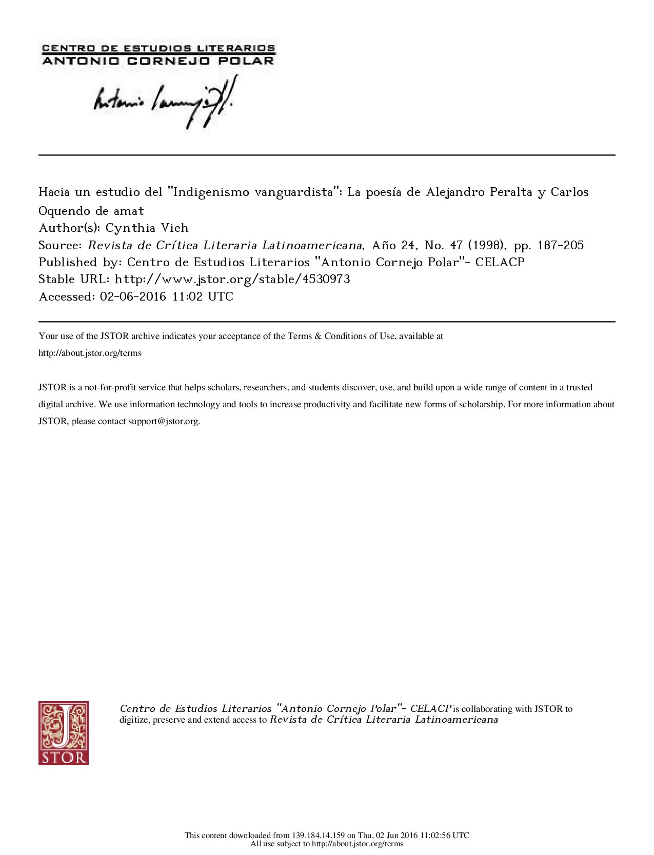 Hacia un estudio del "Indigenismo vanguardista": La poesía de Alejandro Peralta y Carlos Oquendo de amat