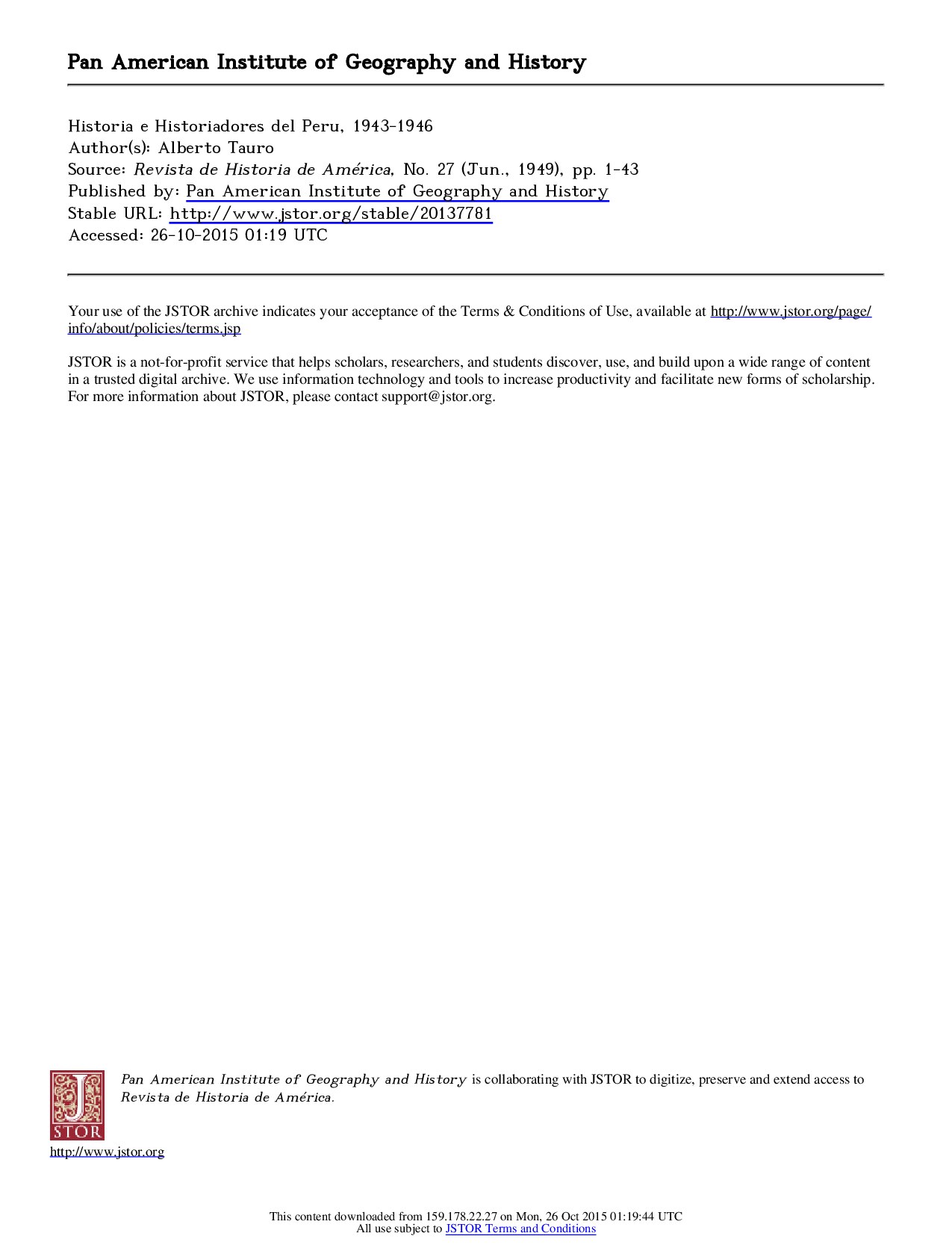 [Revista de Historia de América 1949-jun iss. 27] Historia e Historiadores del Peru, 1943-1946{Alberto Tauro}(1949 Junio)[10.2307_20137781]{52885171} libgen.li