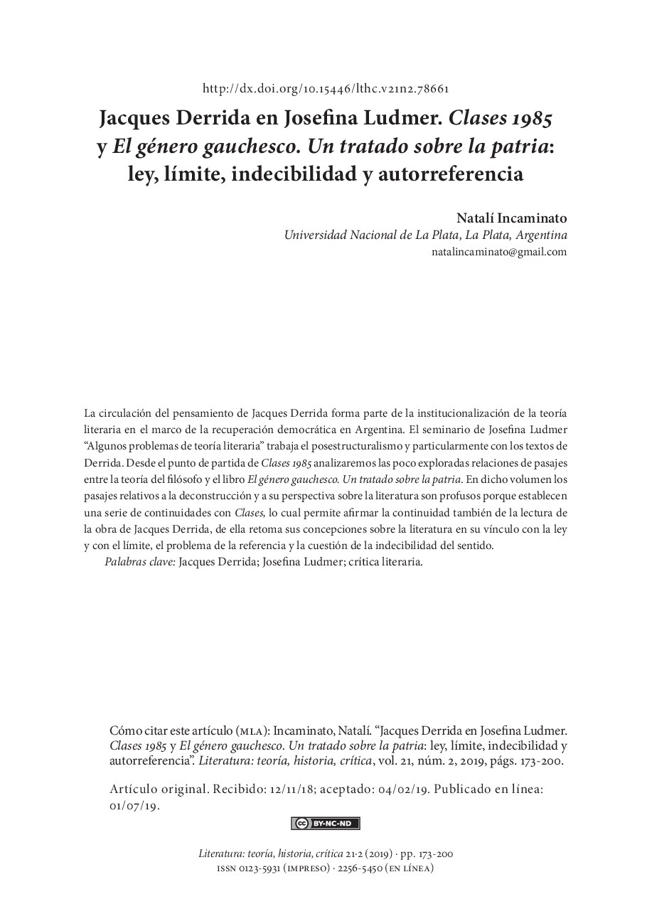 [Literatura_ Teoria, Historia, Critica 2019-jul 01 vol. 21 iss. 2] Jacques Derrida en Josefina Ludmer. Clases 1985 y El gÃ©nero gauchesco. Un tratado sobre la patri...{Incaminato, NatalÃ_}(2019 Julio 01)[10.15446