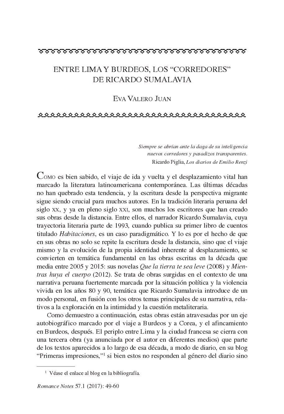 [Romance Notes vol. 57 iss. 1] Entre Lima y Burdeos, los “corredores” de Ricardo Sumalavia{Juan, Eva Valero}(2017)[10.1353_rmc.2017.0004]{71549271} libgen.li