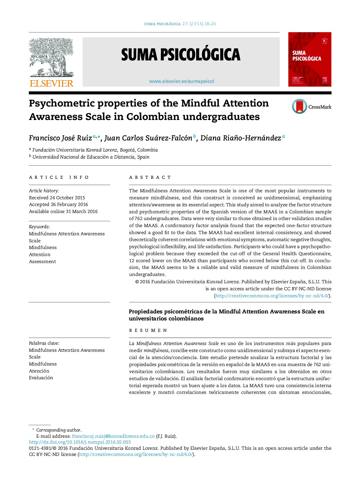 Psychometric properties of the Mindful Attention Awareness Scale in Colombian undergraduates
