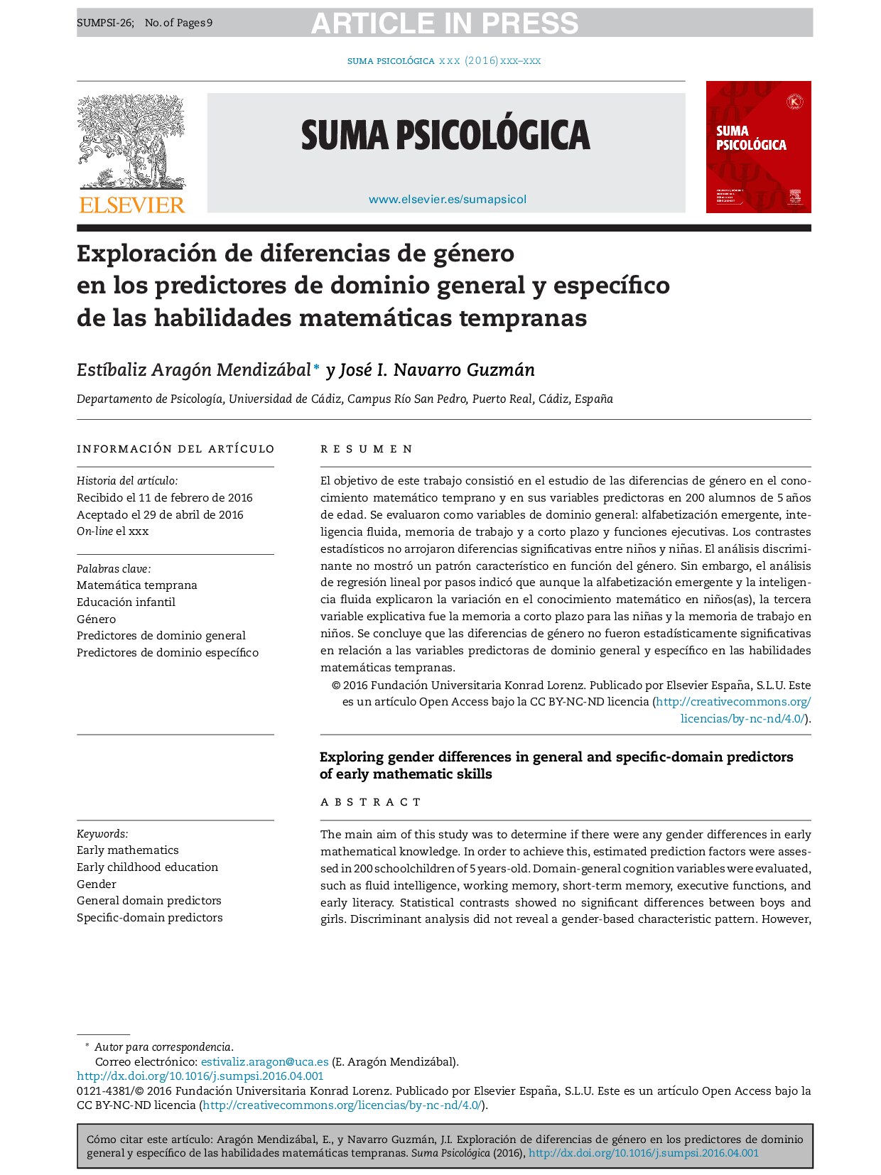 Exploración de diferencias de género en los predictores de dominio general y específico de las habilidades matemáticas tempranas