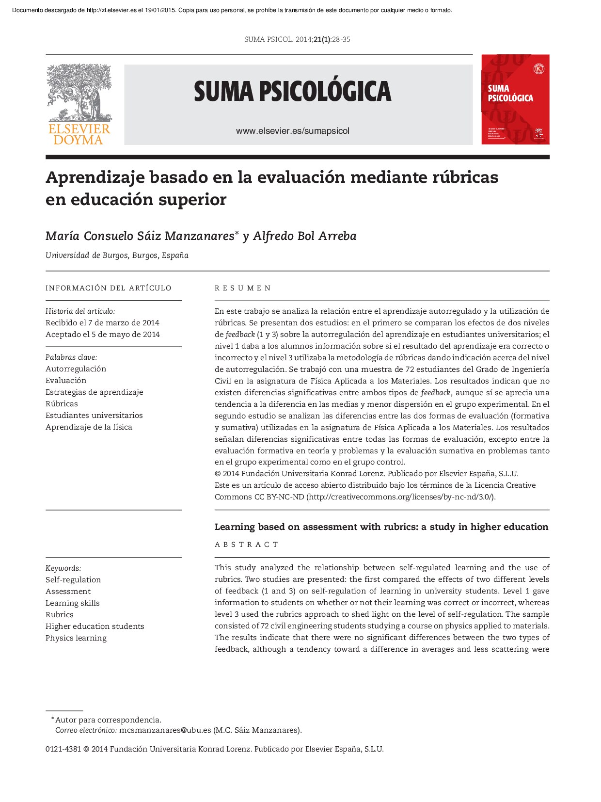 [[Undefined series for scimag] vol. 21 iss. 1] Aprendizaje basado en la evaluación mediante rúbricas en educación superior{Fundación Universitaria &quot_Konrad Lorenz.&quot_, María Consuelo (author)_Bol Arreba,
