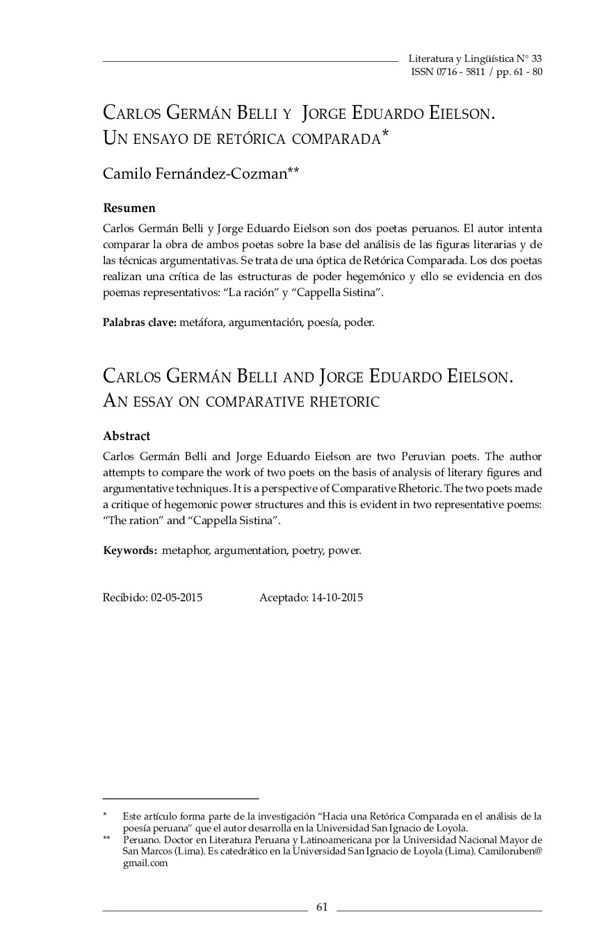 [Literatura y lingüística iss. 33] Carlos Germán Belli y Jorge Eduardo Eielson_ Un ensayo de retórica comparada{Fernández-Cozman, Camilo (author)}(2016, Universidad Catolica Silva Henriquez)[10.4067_s0716-5811201