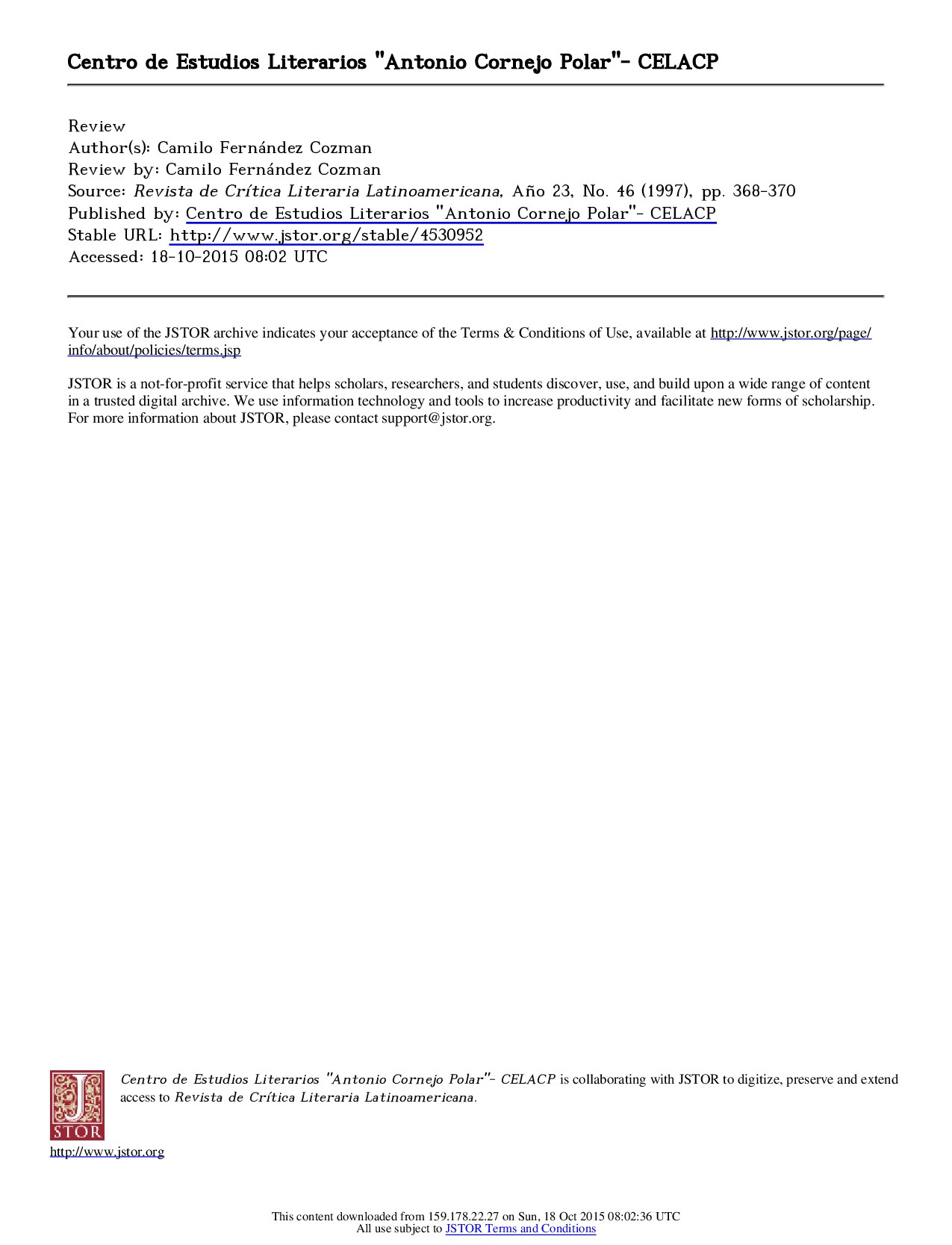 [Revista de Crítica Literaria Latinoamericana vol. 23 iss. 46] César Vallejo, poeta nacional y universal y otros trabajos vallejianosby David Sobrevilla{Review by_ Camilo Fernández Cozman}(1997)[10.2307_4530952]{