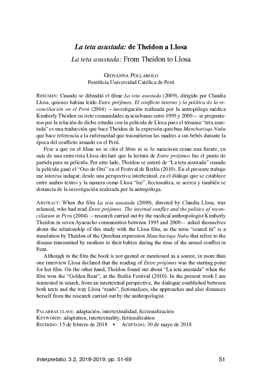 [Interpretatio Revista de hermenéutica 2018-sep 13 vol. 3 iss. 2] La teta asustada_ de Theidon a Llosa{Pollarolo, Giovanna}(2018 Septiembre 13)[10.19130_irh.3.2.2018.106]{88141643} libgen.li
