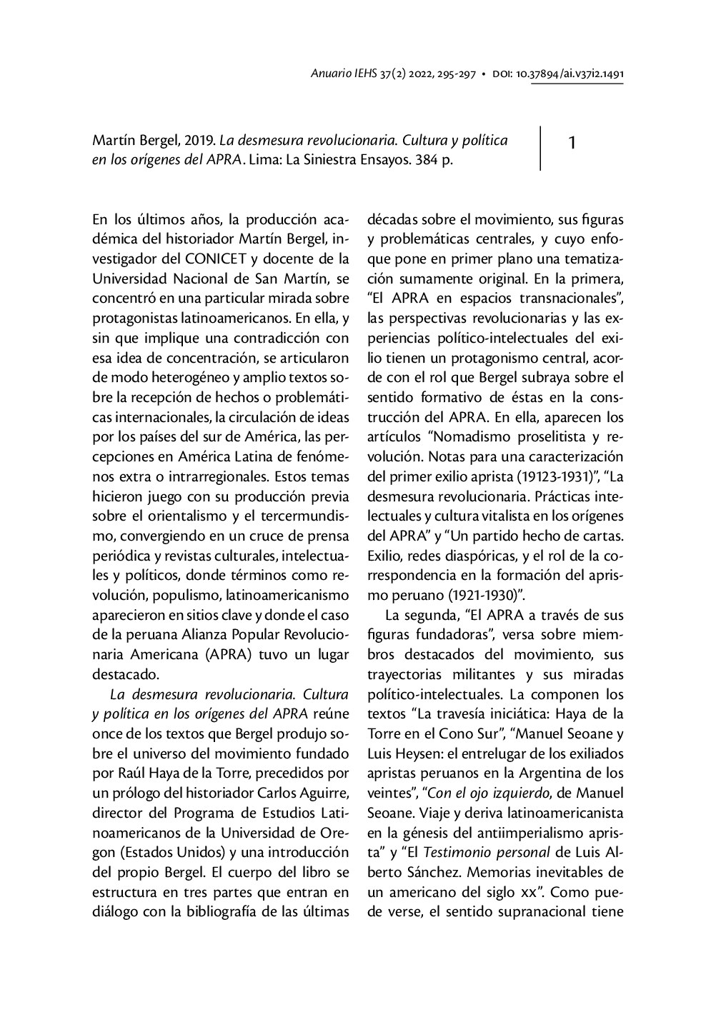 Reseña: Martín Bergel, 2019. La desmesura revolucionaria. Cultura y política en los orígenes del APRA. Lima: La Siniestra Ensayos. 384 p.