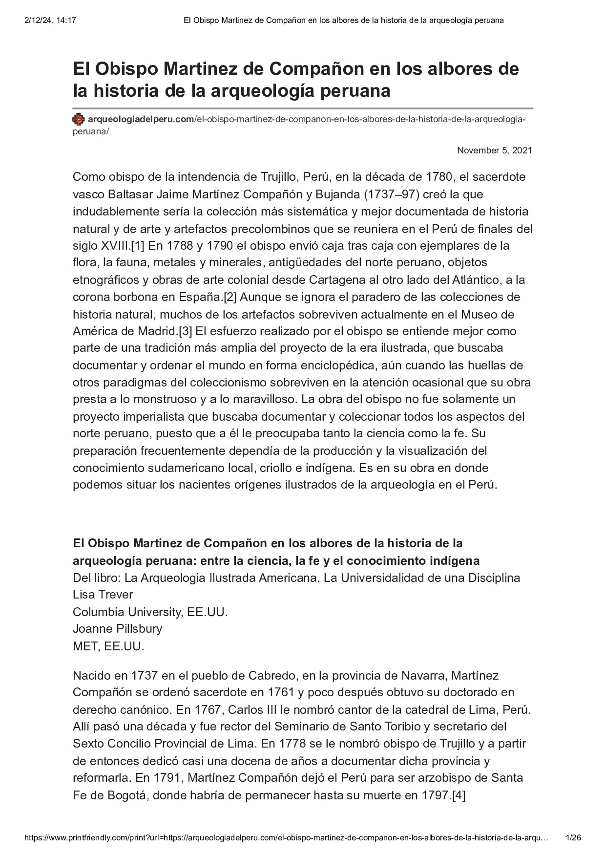 El Obispo Martinez de Compañon en los albores de la historia de la arqueología peruana