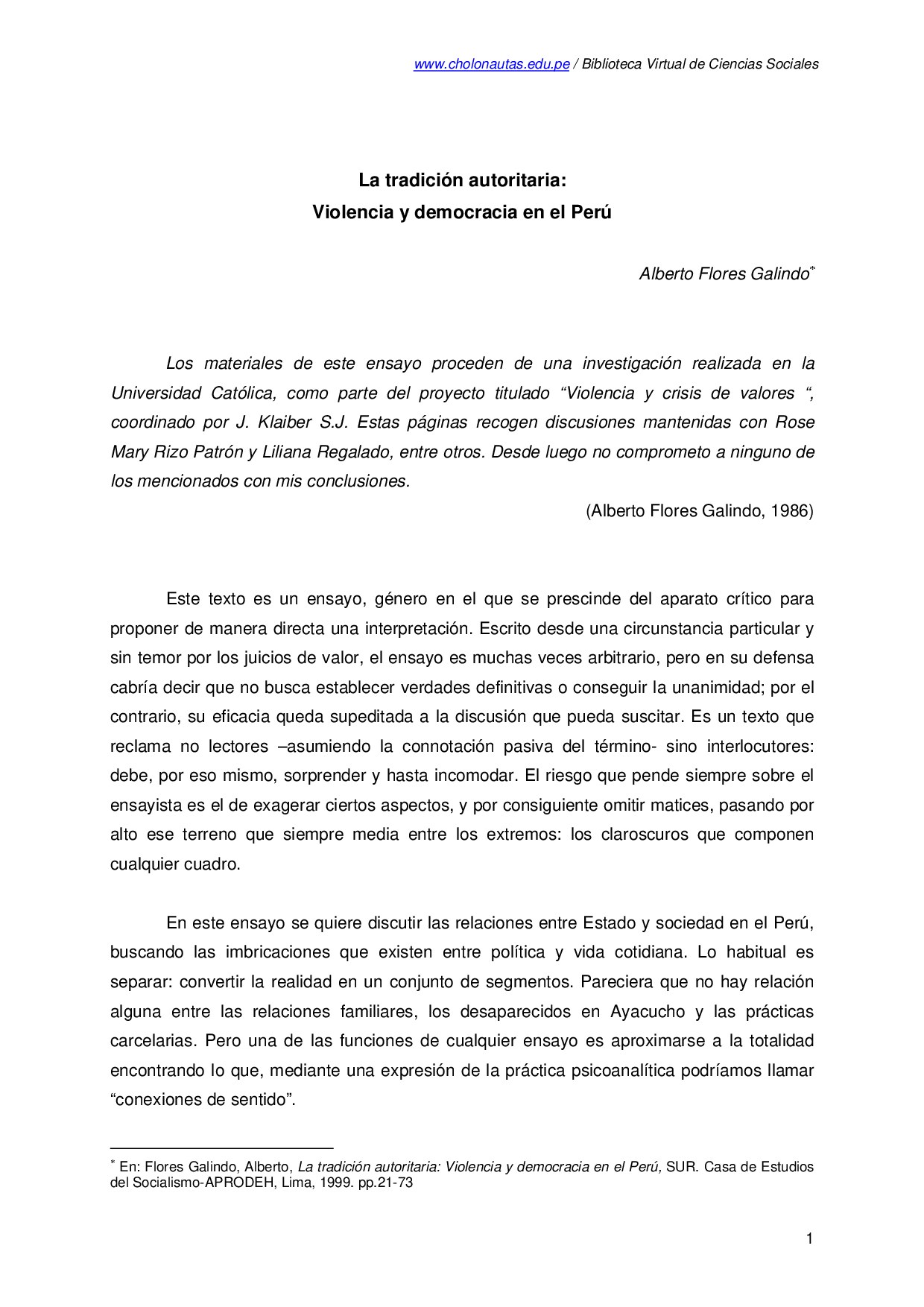 La tradición autoritaria: Violencia y democracia en el Perú
