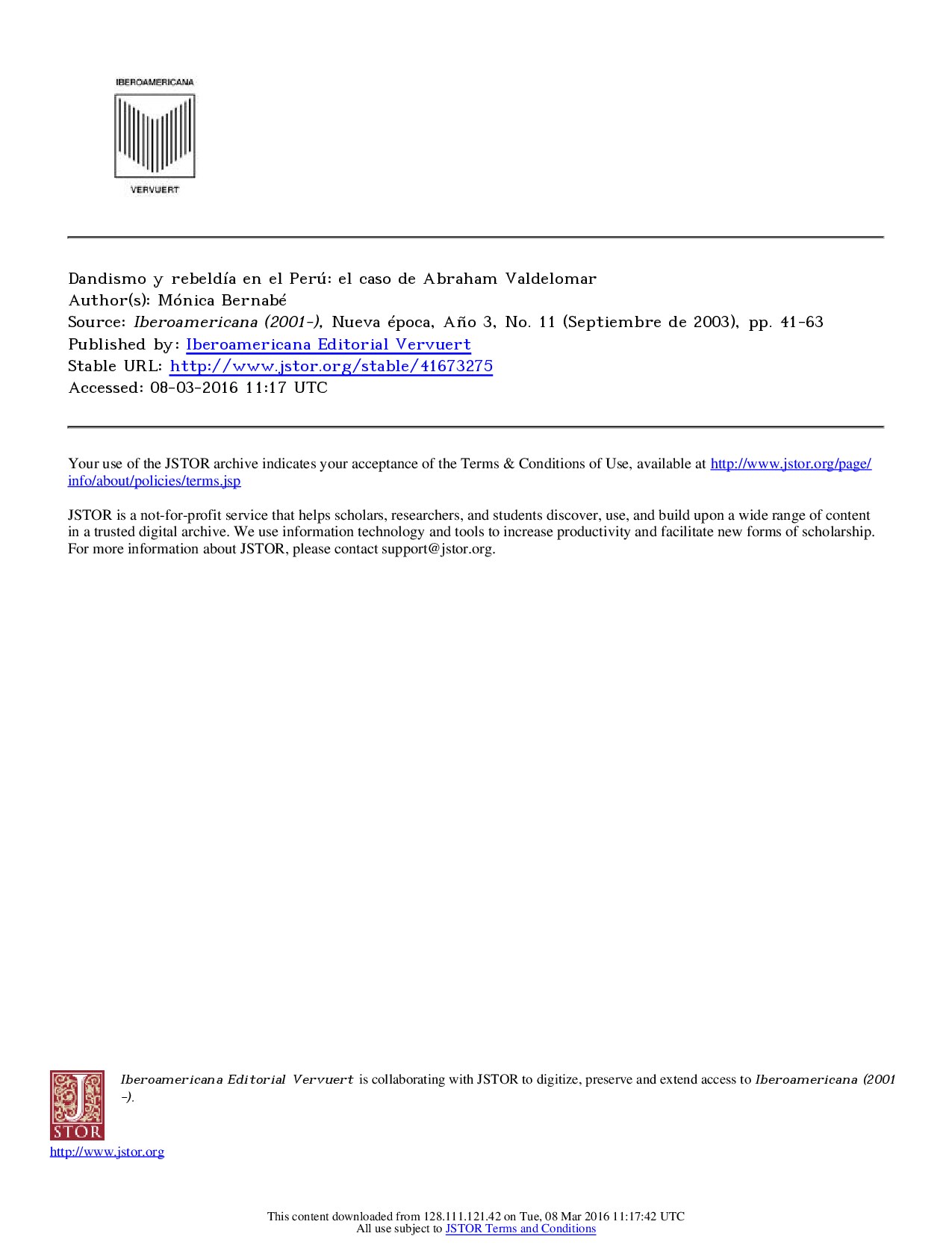 [Iberoamericana (2001-) (Nueva época) 2003-sep vol. 3 iss. 11] Dandismo y rebeldía en el Perú_ el caso de Abraham Valdelomar{Mónica Bernabé}(2003)[10.2307_41673275]{56936559} libgen.li