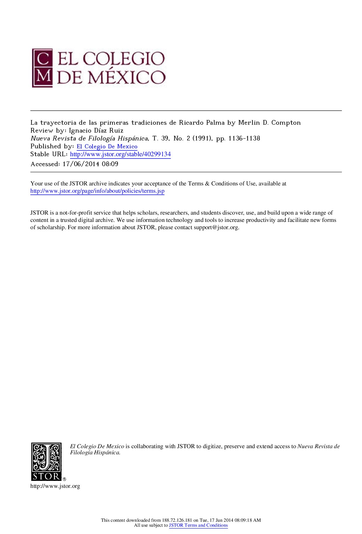 La trayectoria de las primeras tradiciones de Ricardo Palma by Merlin D. Compton