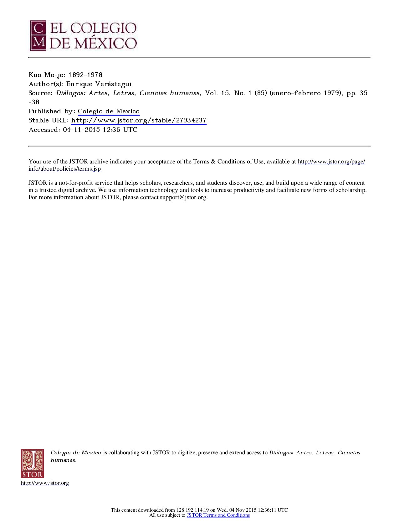 [Diálogos_ Artes, Letras, Ciencias humanas 1979-jan-feb vol. 15 iss. 1 (85)] Kuo Mo-jo_ 1892-1978{Enrique Verástegui}(1979)[10.2307_27934237]{53201399} libgen.li
