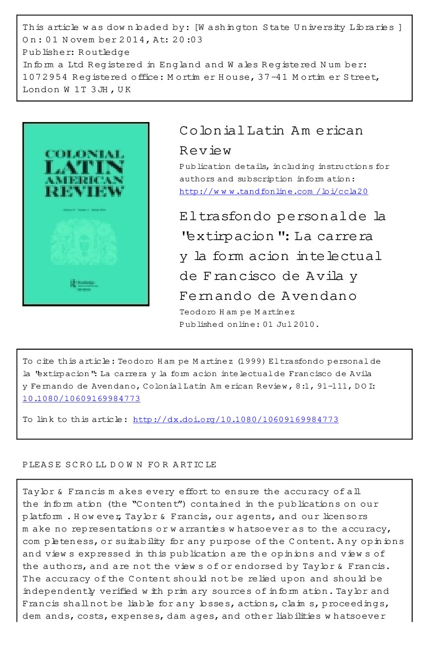 El trasfondo personal de la ''extirpacion'': la carrera y la formacion intelectual de Francisco de Avila y Fernando de Avendano