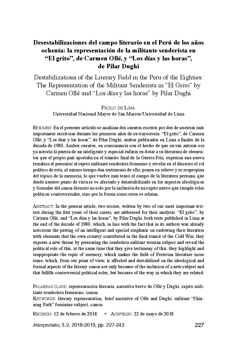 [Interpretatio Revista de hermenéutica 2018-sep 13 vol. 3 iss. 2] Desestabilizaciones del campo literario en el PerÃº de los ochenta_ la representaciÃ³n de la mili...{De Lima, Paolo}(2018)[10.19130_irh.3.2.2018.1